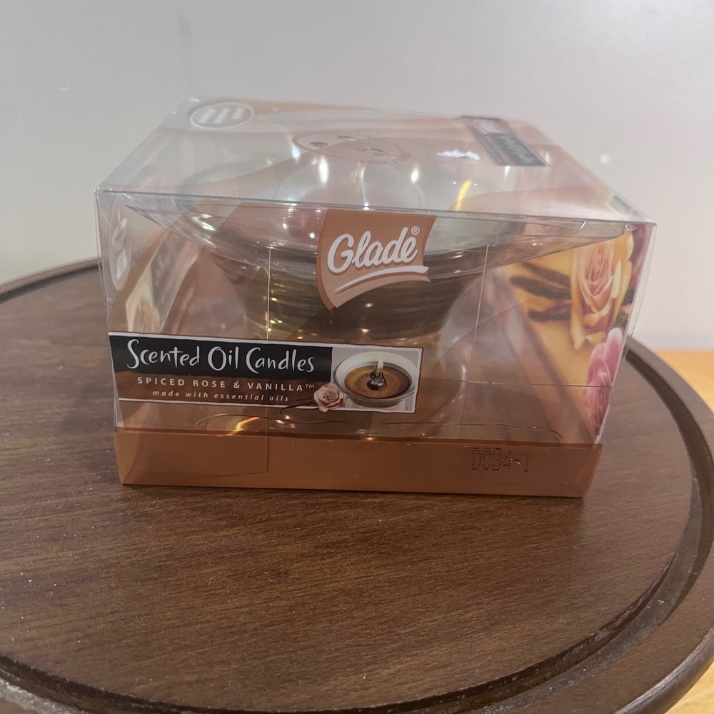 Glade Scented Oil Candles Spiced Rose & Vanilla New Vtg Glass Holder 2 Refills